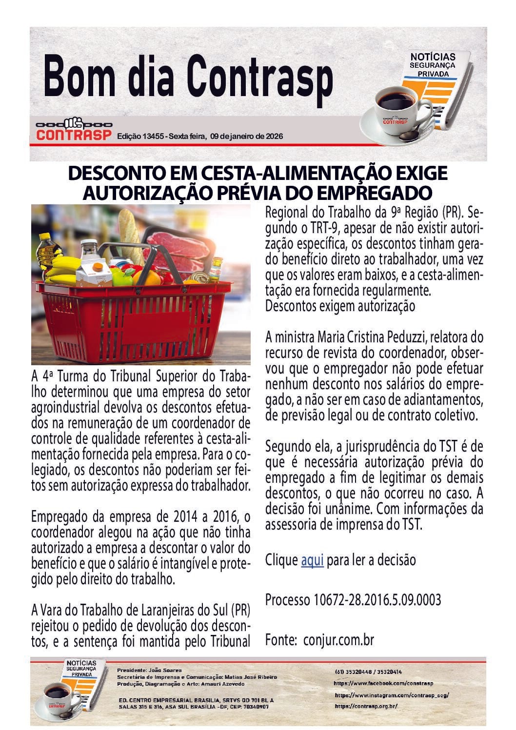 DESCONTO EM CESTA-ALIMENTAÇÃO EXIGE AUTORIZAÇÃO PRÉVIA DO EMPREGADO