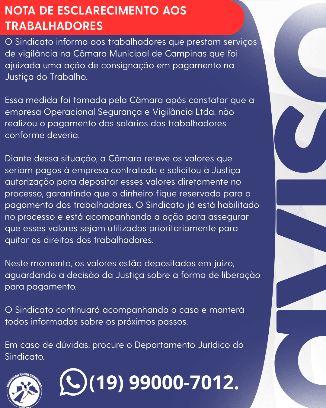 NOTA DE ESCLARECIMENTO AOS TRABALHADORES – CÂMARA MUNICIPAL DE CAMPINAS